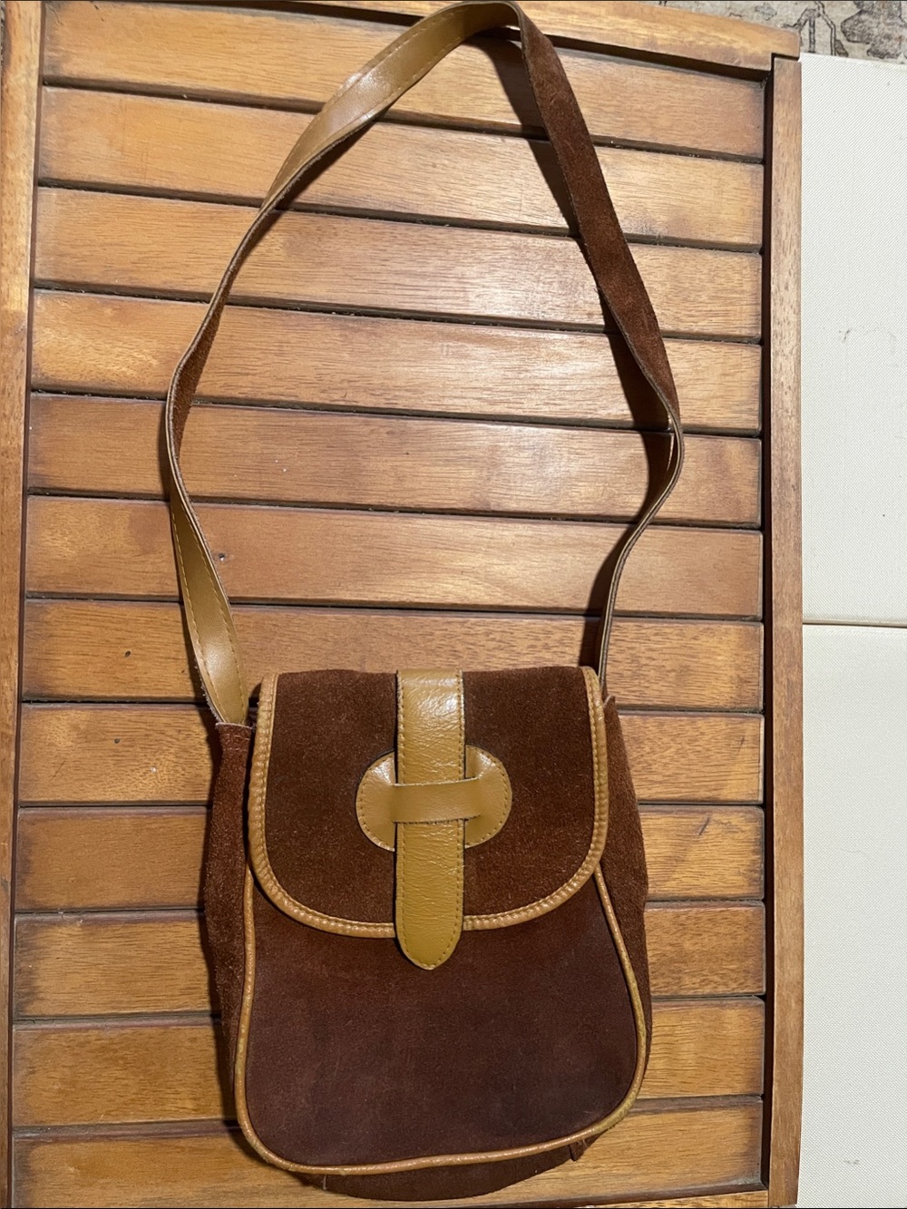 Vintage Brown Suede Shoulder Bag with Tan Leather Trim